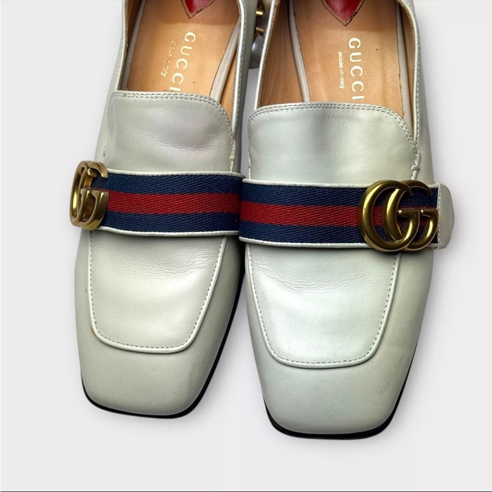 Gucci Ivory Leather Pearl Heel GG Marmont Loafers Shoes Women 36 US Size 6 - Picture 7 of 16